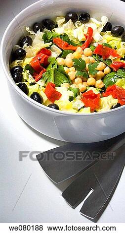 Chickpeas salad with spinach, lettuce, red peppers and black olives View Large Photo Image Stock Photo - Chickpeas salad with spinach, lettuce, red peppers and black olives. Fotosearch