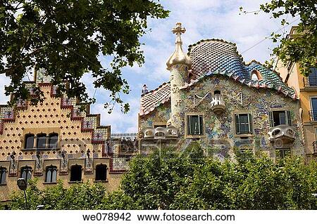Stock Image - Detail of Casa Batllo in Paseo de Gracia Avenue in Barcelona, Spain. Fotosearch