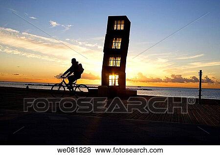 Stock Photo - Monument to the old refleshmen stalls on the Sant Sebastia beach, Barceloneta, Barcelona. Catalonia, Spain. Fotosearch