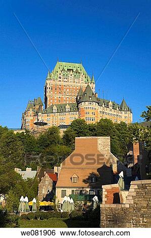 Stock Photograph - Old architectural buildings in Lower Town and Chateau Frontenac, Quebec City, Quebec, Canada. Fotosearch