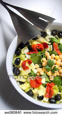 Salad with chickpeas, spinach, lettuce, red pepper, black olives, olive oil and parsley View Large Photo Image Stock Image - Salad with chickpeas, spinach, lettuce, red pepper, black olives, olive oil and parsley. Fotosearch
