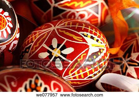 Stock Photo - Traditional red and white handpainted Czech Easter Eggs. Fotosearch