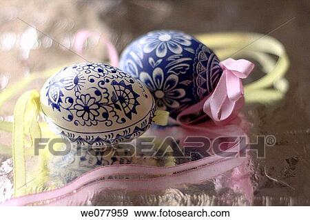 Two handpainted blue and white traditional Czech Easter Eggs View Large Photo Image Stock Photo - Two handpainted blue and white traditional Czech Easter Eggs. Fotosearch