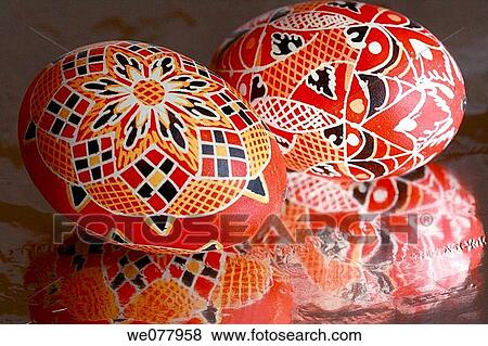 Two red and black geometrical traditional Czech Easter eggs on reflective surface View Large Photo Image Stock Photo - Two red and black geometrical traditional Czech Easter eggs on reflective surface. Fotosearch