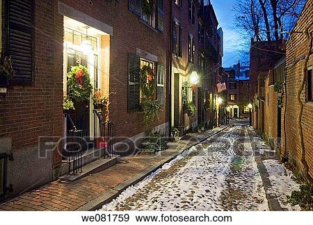 USA Massachusetts Boston Acorn Street at Christmas View Large Photo Image Stock Photo - USA Massachusetts Boston Acorn Street at Christmas. Fotosearch