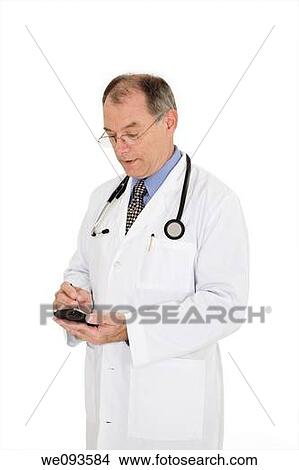 A caucasian doctor with a receding hairline wearing a white lab coat He is shown on a white background with a pda View Large Photo Image Picture - A caucasian doctor with a receding hairline wearing a white lab coat He is shown on a white background with a pda. Fotosearch
