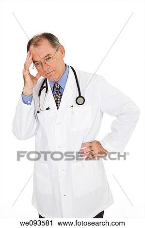 Stock Image - A caucasian doctor with a receding hairline wearing a white lab coat He is shown on a white background with a worried look on his face. Fotosearch