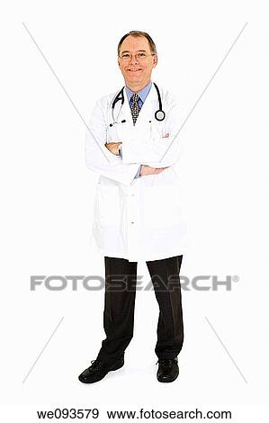 A caucasian doctor with a receding hairline wearing a white lab coat He is shown on a white background with arms folded and is smiling View Large Photo Image Stock Photo - A caucasian doctor with a receding hairline wearing a white lab coat He is shown on a white background with arms folded and is smiling. Fotosearch