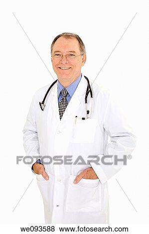 A caucasian doctor with a receding hairline wearing a white lab coat He is shown on a white background with hands in pockets and is smiling View Large Photo Image Stock Photo - A caucasian doctor with a receding hairline wearing a white lab coat He is shown on a white background with hands in pockets and is smiling. Fotosearch