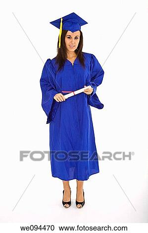 A female caucasian in blue graduation gown and very excited She is on a white background View Large Photo Image Stock Image - A female caucasian in blue graduation gown and very excited She is on a white background. Fotosearch