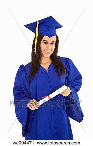 A female caucasian in blue graduation gown and very excited She is on a white background View Large Photo Image Stock Image - A female caucasian in blue graduation gown and very excited She is on a white background. Fotosearch