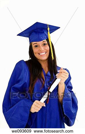 A female caucasian in blue graduation gown and very excited She is on a white background View Large Photo Image Stock Photo - A female caucasian in blue graduation gown and very excited She is on a white background. Fotosearch