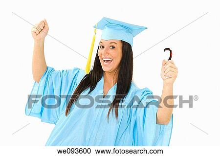 A female caucasian in light blue graduation gown and very excited She is on a white background View Large Photo Image Stock Image - A female caucasian in light blue graduation gown and very excited She is on a white background. Fotosearch