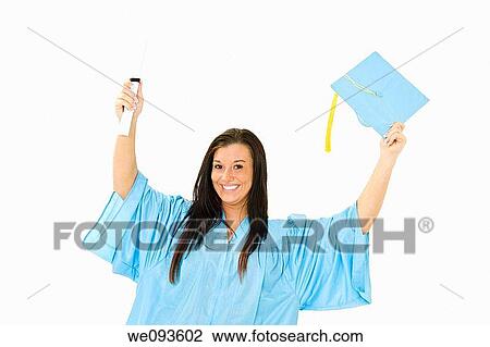 A female caucasian in light blue graduation gown and very excited She is on a white background View Large Photo Image Stock Image - A female caucasian in light blue graduation gown and very excited She is on a white background. Fotosearch