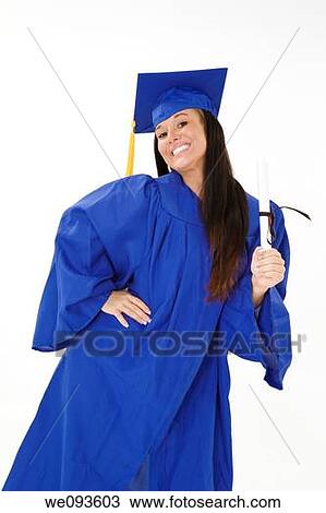 A female caucasian in navy blue graduation gown and very excited She is on a white background View Large Photo Image Stock Image - A female caucasian in navy blue graduation gown and very excited She is on a white background. Fotosearch