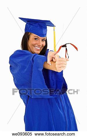 A female caucasian in navy blue graduation gown and very excited She is on a white background View Large Photo Image Stock Photography - A female caucasian in navy blue graduation gown and very excited She is on a white background. Fotosearch