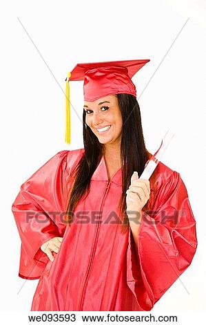 A female caucasian in red graduation gown and very excited She is on a white background View Large Photo Image Stock Image - A female caucasian in red graduation gown and very excited She is on a white background. Fotosearch