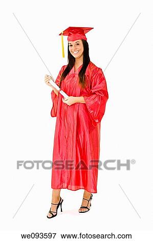 A female caucasian in red graduation gown and very excited She is on a white background View Large Photo Image Stock Photo - A female caucasian in red graduation gown and very excited She is on a white background. Fotosearch