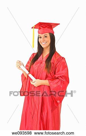 A female caucasian in red graduation gown and very excited She is on a white background View Large Photo Image Stock Photo - A female caucasian in red graduation gown and very excited She is on a white background. Fotosearch