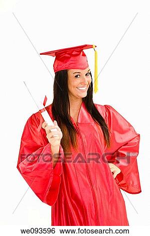 A female caucasian in red graduation gown and very excited She is on a white background View Large Photo Image Stock Photograph - A female caucasian in red graduation gown and very excited She is on a white background. Fotosearch