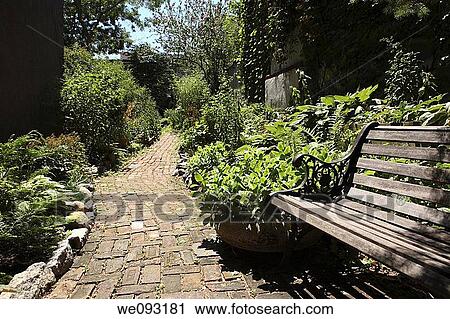 A park bench and path in a public garden View Large Photo Image Stock Image - A park bench and path in a public garden. Fotosearch