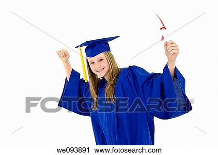 A preteen caucasian girl with blond hair standing in blue graduation gown and smiling She is on a white background View Large Photo Image Stock Image - A preteen caucasian girl with blond hair standing in blue graduation gown and smiling She is on a white background. Fotosearch