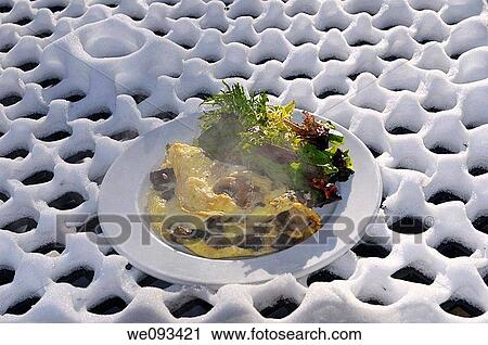 Abstract snow pattern on outdoor patio table with plate of hot omelette and salad View Large Photo Image Stock Image - Abstract snow pattern on outdoor patio table with plate of hot omelette and salad. Fotosearch