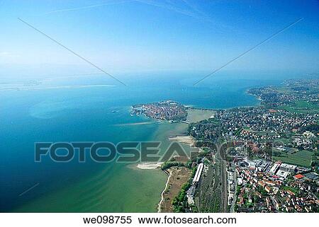 Aerial view from an airship dirigible Zeppelin NT of Lindau, Constance lake Bodensee, Bavarian, Germany View Large Photo Image Stock Photography - Aerial view from an airship dirigible Zeppelin NT of Lindau, Constance lake Bodensee, Bavarian, Germany. Fotosearch
