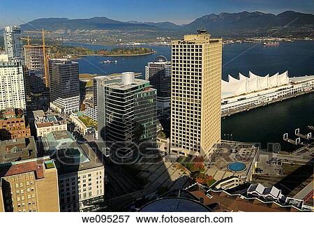 Aerial view of Burrard Inlet and coastal mountains from downtown lookout in Vancouver View Large Photo Image Stock Photo - Aerial view of Burrard Inlet and coastal mountains from downtown lookout in Vancouver. Fotosearch