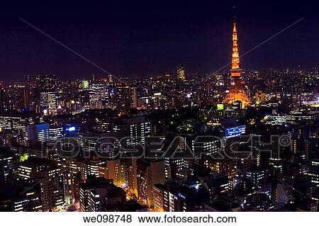 Aerial view of Tokyo Tower and city of Tokyo, Japan at night View Large Photo Image Stock Photo - Aerial view of Tokyo Tower and city of Tokyo, Japan at night. Fotosearch