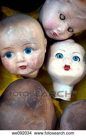 Picture - Aged, Broken, Close-up, Closeup, Color, Colour, Concept, Concepts, Disturbing, Doll, Dolls, indoor, indoors, interior, Macabre, Old, Old fashioned, Old-fashioned, Sinister, various, similar, vintage, antique, idea, viejo, roto, primer p. Fotosearch