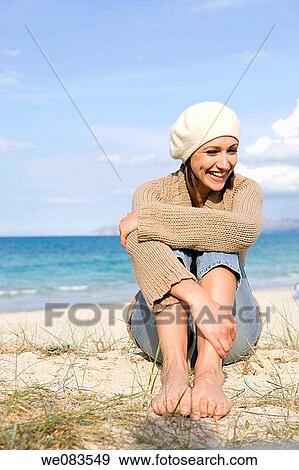 barefoot, beach, beret, brunette View Large Photo Image Stock Photo - barefoot, beach, beret, brunette. Fotosearch