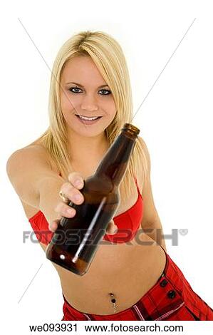 Stock Image - Beautiful and sexy caucasian woman in her early 20s posing in a red bikini top and holding a beer on a white background. Fotosearch