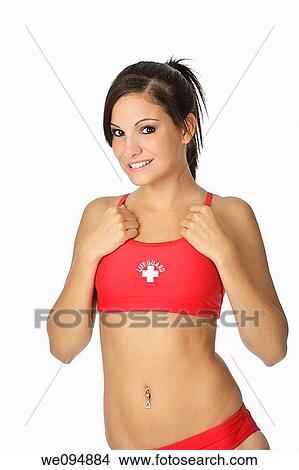Beautiful and sexy Caucasian woman posing in a red lifeguard swinsuit View Large Photo Image Picture - Beautiful and sexy Caucasian woman posing in a red lifeguard swinsuit. Fotosearch