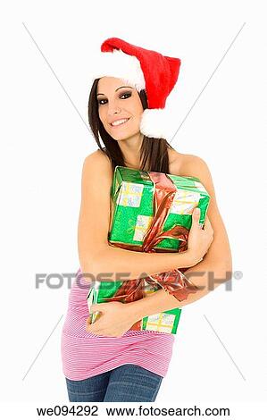 Beautiful Caucasain female holding gifts on white background View Large Photo Image Stock Image - Beautiful Caucasain female holding gifts on white background. Fotosearch