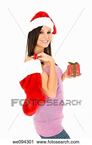 Beautiful Caucasain female holding gifts on white background View Large Photo Image Stock Image - Beautiful Caucasain female holding gifts on white background. Fotosearch