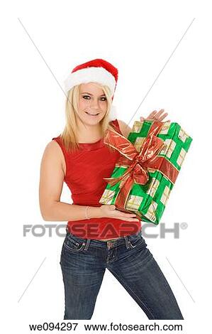 Beautiful Caucasain female holding gifts on white background View Large Photo Image Stock Photo - Beautiful Caucasain female holding gifts on white background. Fotosearch