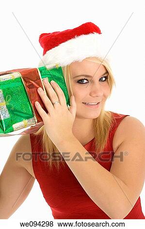 Beautiful Caucasain female holding gifts on white background View Large Photo Image Stock Photo - Beautiful Caucasain female holding gifts on white background. Fotosearch