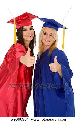 Picture - Beautiful Caucasain girls in gratuation gowns and smiling. Fotosearch