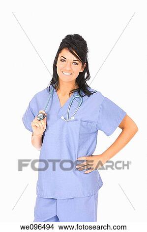 Beautiful Caucasain nurse standing on white background View Large Photo Image Picture - Beautiful Caucasain nurse standing on white background. Fotosearch