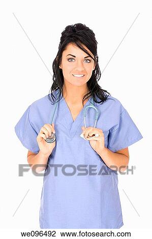 Beautiful Caucasain nurse standing on white background View Large Photo Image Stock Image - Beautiful Caucasain nurse standing on white background. Fotosearch