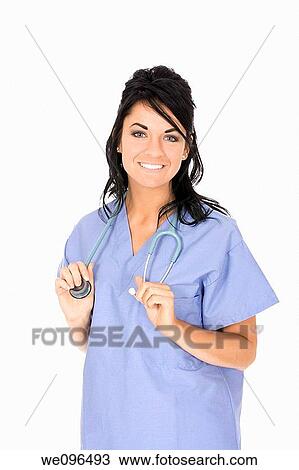 Beautiful Caucasain nurse standing on white background View Large Photo Image Stock Image - Beautiful Caucasain nurse standing on white background. Fotosearch