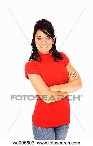Beautiful Caucasain woman standing on white background View Large Photo Image Stock Photo - Beautiful Caucasain woman standing on white background. Fotosearch