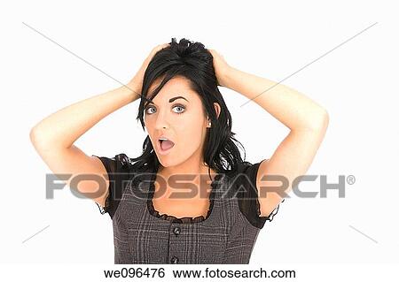 Beautiful Caucasian business woman looking up set while standing on white background View Large Photo Image Stock Photograph - Beautiful Caucasian business woman looking up set while standing on white background. Fotosearch