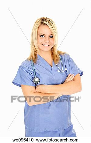 Beautiful Caucasian doctor / nurse standing on white background View Large Photo Image Stock Image - Beautiful Caucasian doctor / nurse standing on white background. Fotosearch
