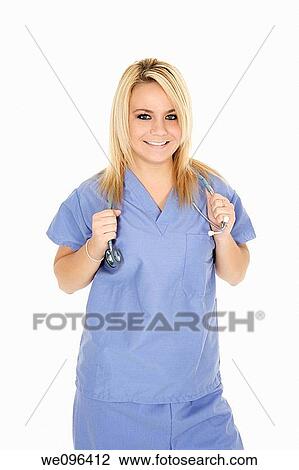 Beautiful Caucasian doctor / nurse standing on white background View Large Photo Image Stock Image - Beautiful Caucasian doctor / nurse standing on white background. Fotosearch