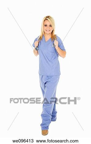 Beautiful Caucasian doctor / nurse standing on white background View Large Photo Image Stock Image - Beautiful Caucasian doctor / nurse standing on white background. Fotosearch