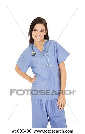Beautiful Caucasian doctor / nurse standing on white background View Large Photo Image Stock Photograph - Beautiful Caucasian doctor / nurse standing on white background. Fotosearch