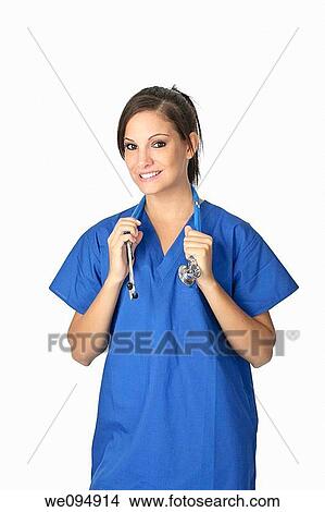 Beautiful Caucasian doctor or nurse on a white background View Large Photo Image Picture - Beautiful Caucasian doctor or nurse on a white background. Fotosearch