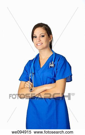 Beautiful Caucasian doctor or nurse on a white background View Large Photo Image Stock Photography - Beautiful Caucasian doctor or nurse on a white background. Fotosearch